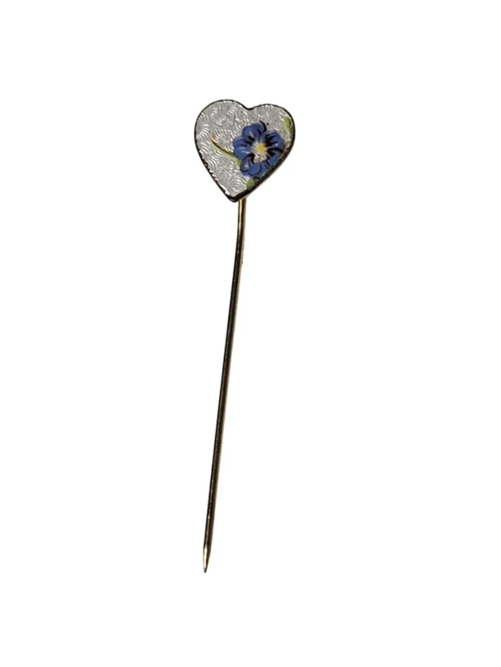 Vintage Heart Shaped Stick Pin Enamel Blue Flower Design Fashion Jewelry Women